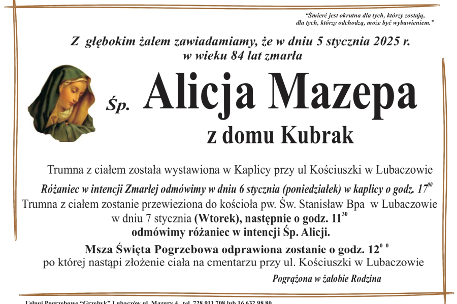 Zmarła Alicja Mazepa [84 lata]